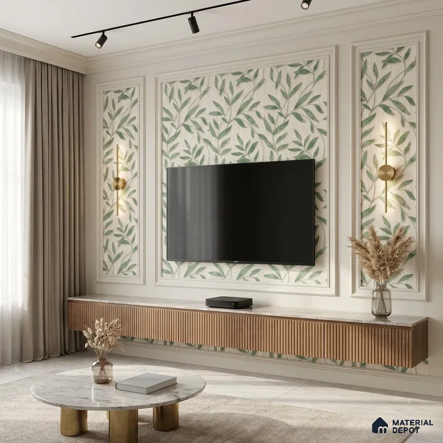 Modern TV unit with fluted wood laminate, botanical wallpaper, and marble coffee table