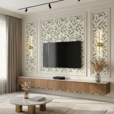 Modern TV unit with fluted wood laminate, botanical wallpaper, and marble coffee table