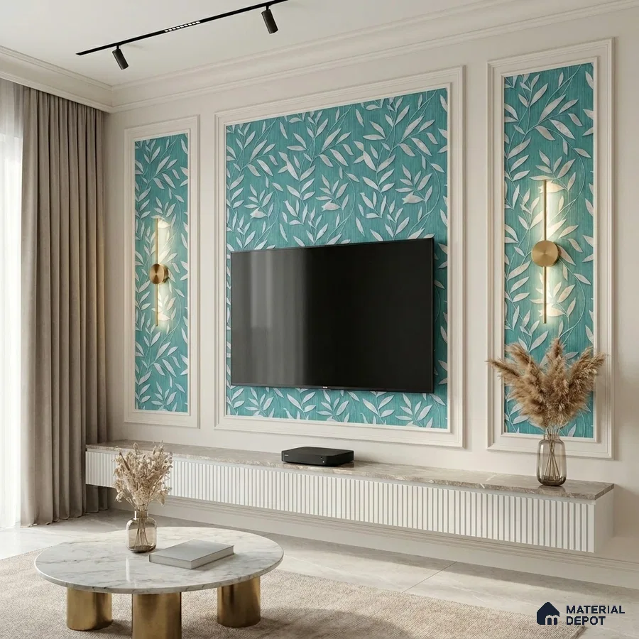 Modern living room with teal floral wallpaper, marble top TV unit, and fluted white laminate
