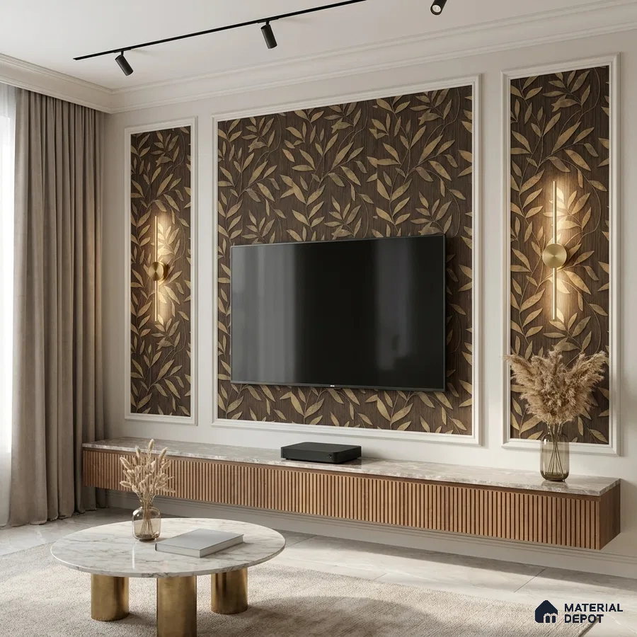 Modern TV unit with botanical patterned wallpaper, fluted wood laminate cabinet, and marble top
