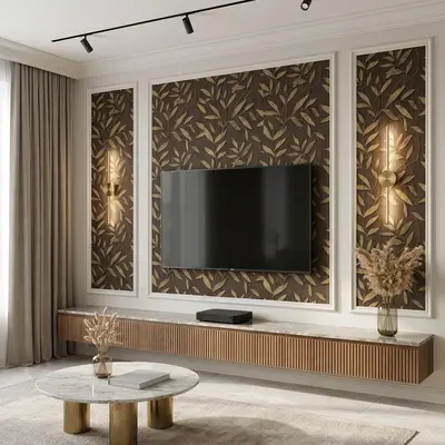 Modern TV unit with botanical patterned wallpaper, fluted wood laminate cabinet, and marble top