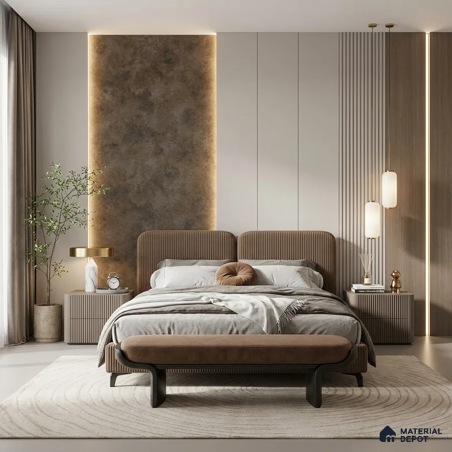 Modern bedroom with suede upholstered bed, fluted wood panels, and stone accent wall