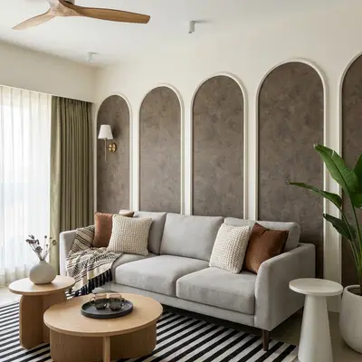 Scandinavian living room with textured brown wall panels and light oak coffee tables