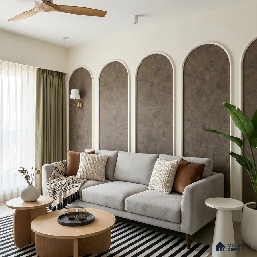 Scandinavian living room with textured brown wall panels and light oak coffee tables