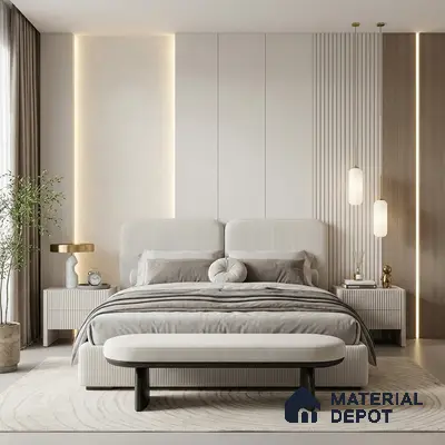 Minimalist bedroom with fluted beige wall panels and suede upholstered bed