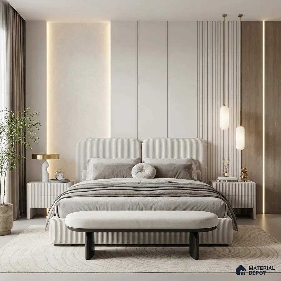 Minimalist bedroom with fluted beige wall panels and suede upholstered bed