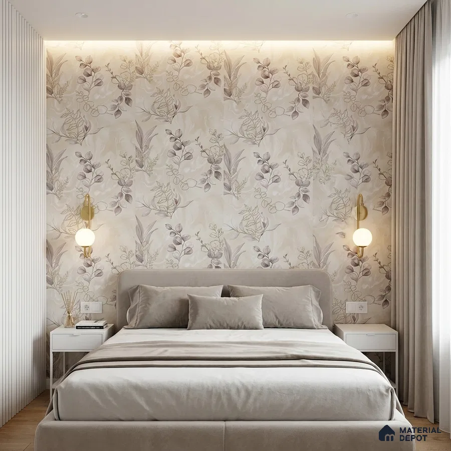 Scandinavian bedroom with floral wallpaper, beige suede upholstered bed, and white fluted wall panels