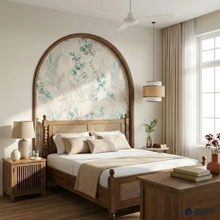 Scandinavian bedroom with natural wood furniture and pastel floral wallpaper accent