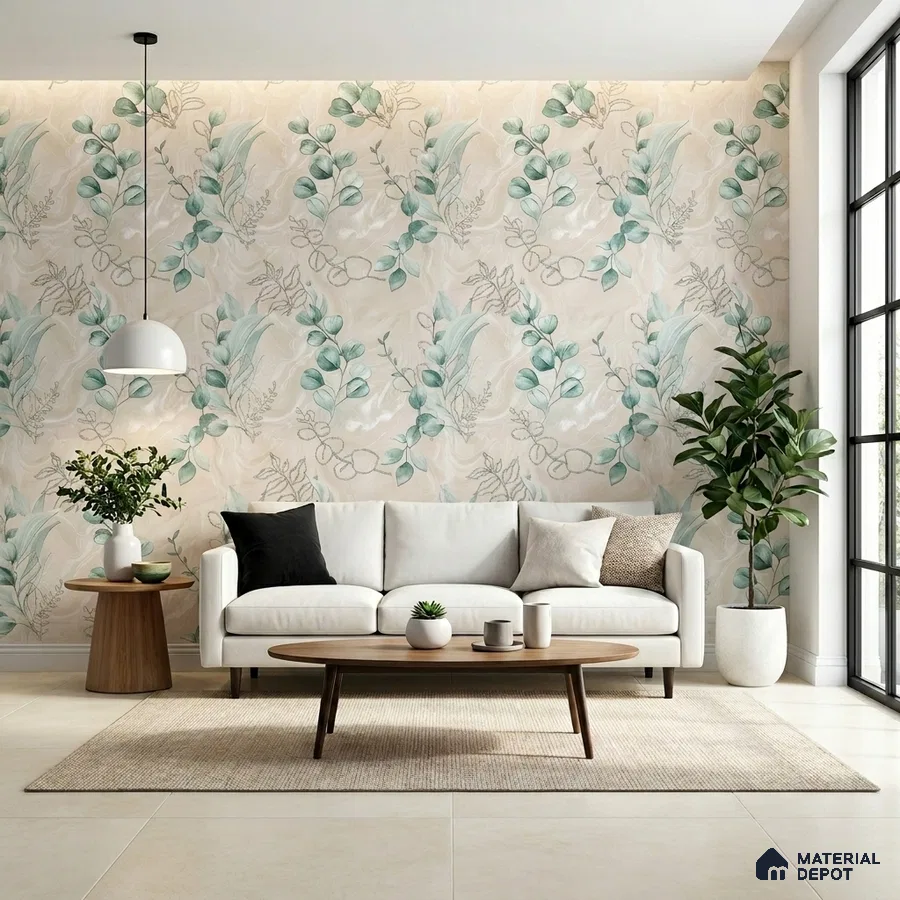 Scandinavian living room with floral wallpaper, beige floor tiles, and wooden coffee table