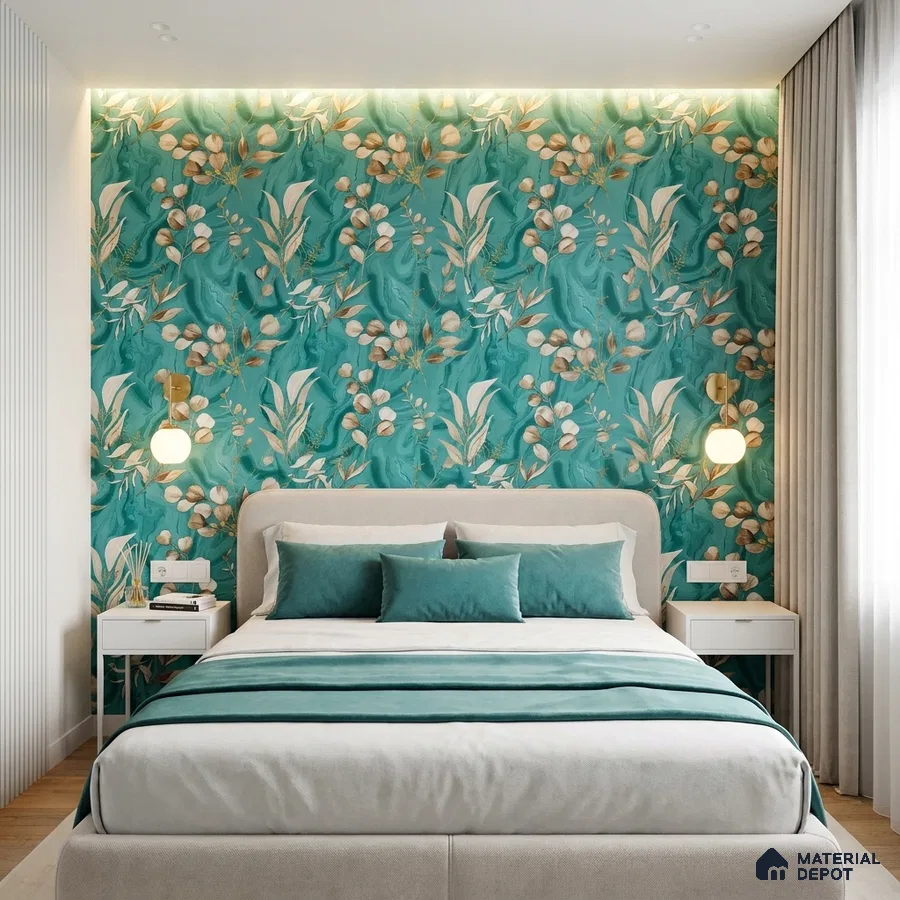 Modern bedroom with teal floral wallpaper and upholstered bed