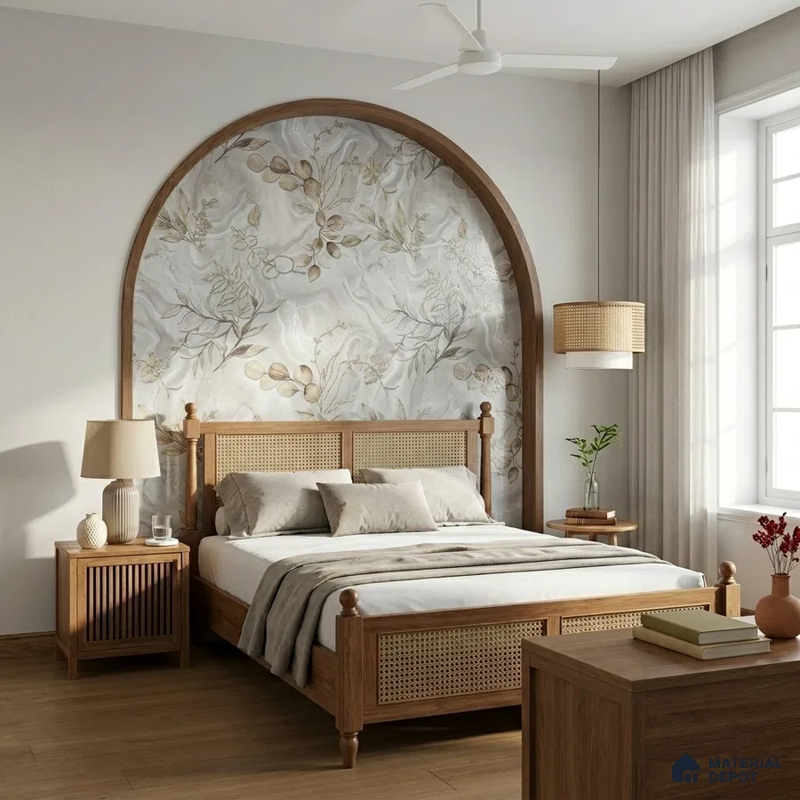 Japandi bedroom with natural cane bed, floral wallpaper accent, and light oak wooden flooring