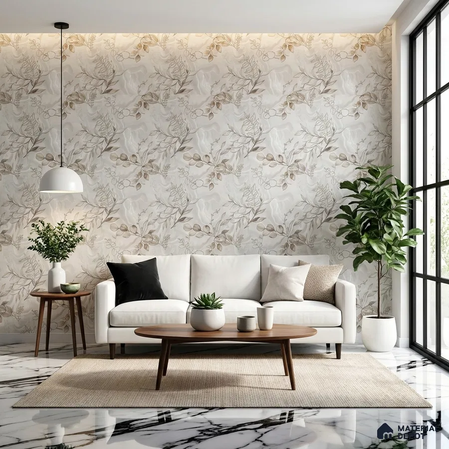 Modern living room with beige floral wallpaper and white marble floor tile
