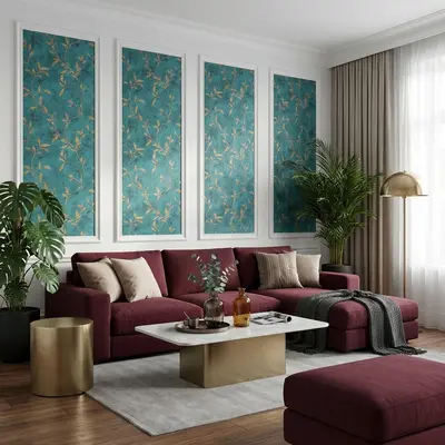 Modern living room with teal floral wallpaper panels, burgundy sofa, and marble top coffee table