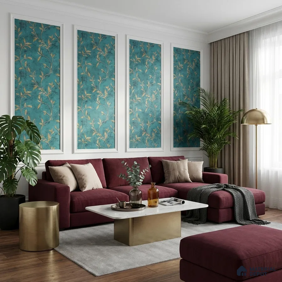 Modern living room with teal floral wallpaper panels, burgundy sofa, and marble top coffee table