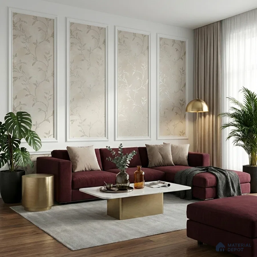 Modern living room with floral patterned wallpaper, burgundy sofa, and gold accent decor