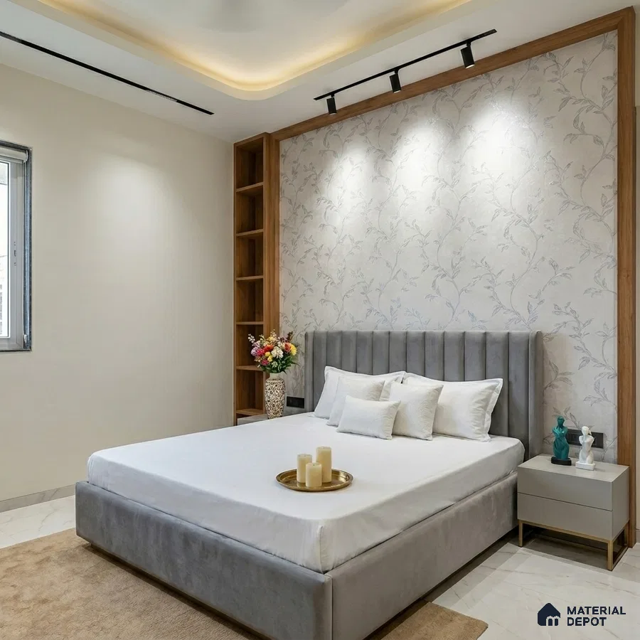 Modern bedroom with suede upholstered bed, floral wallpaper accent wall, and wooden frame detailing