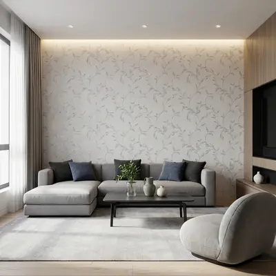 Modern living room with floral wallpaper, grey upholstery, and light oak laminate TV unit