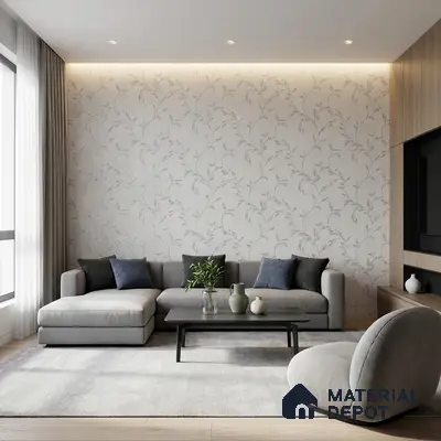 Modern living room with floral wallpaper, grey upholstery, and light oak laminate TV unit
