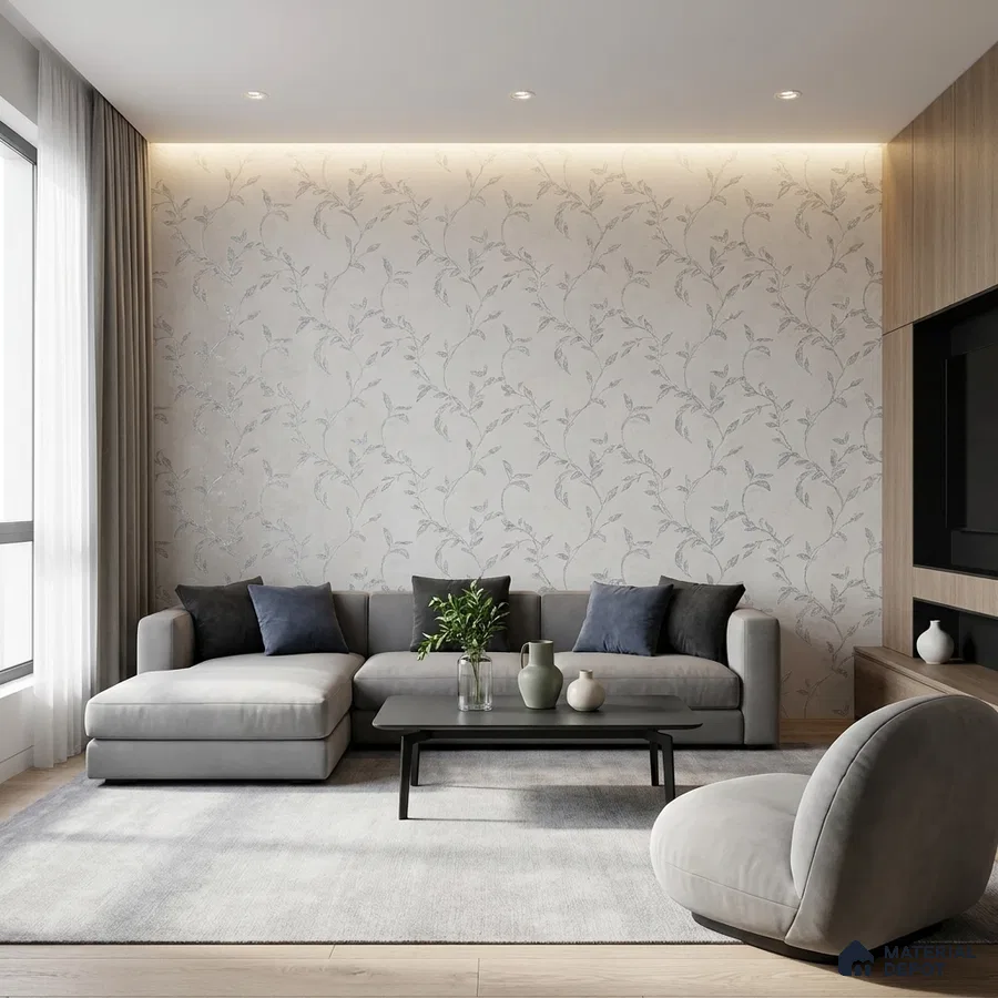 Modern living room with floral wallpaper, grey upholstery, and light oak laminate TV unit