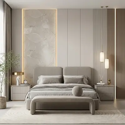 Minimalist bedroom with suede upholstered bed, fluted wall panels, and beige leaf-patterned accent wall