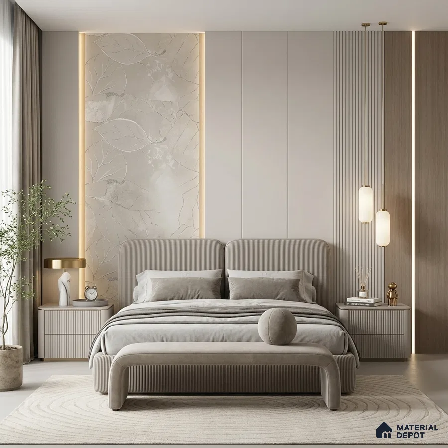 Minimalist bedroom with suede upholstered bed, fluted wall panels, and beige leaf-patterned accent wall