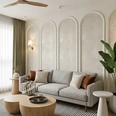 Scandinavian living room with beige leaf-patterned wallpaper and light oak wood tables