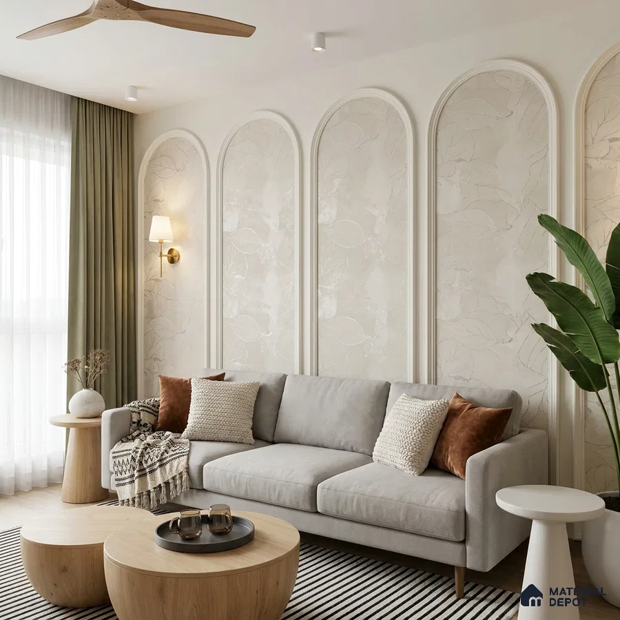 Scandinavian living room with beige leaf-patterned wallpaper and light oak wood tables