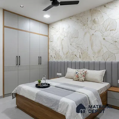 Modern bedroom with beige floral wallpaper, grey upholstered headboard, and light grey wardrobe laminate