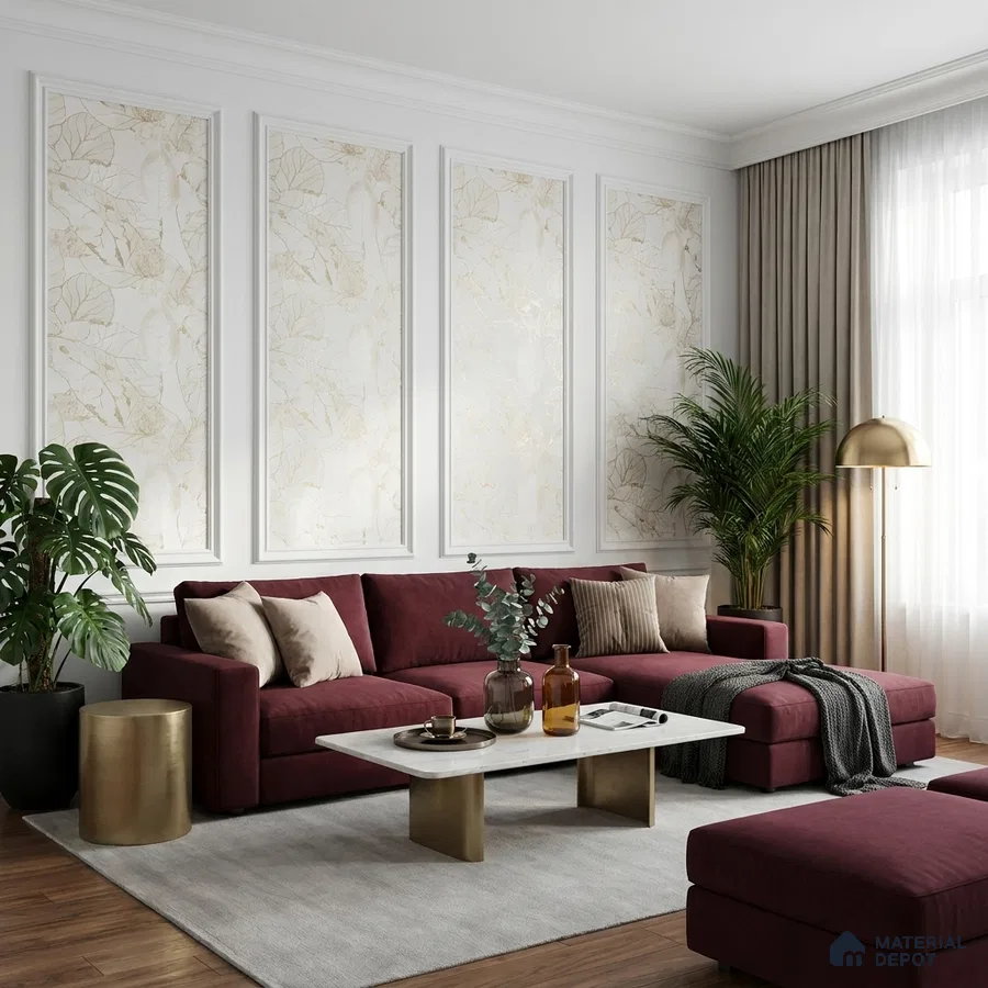 Modern living room with burgundy velvet sofa, gold accent tables, and beige floral wallpaper panels