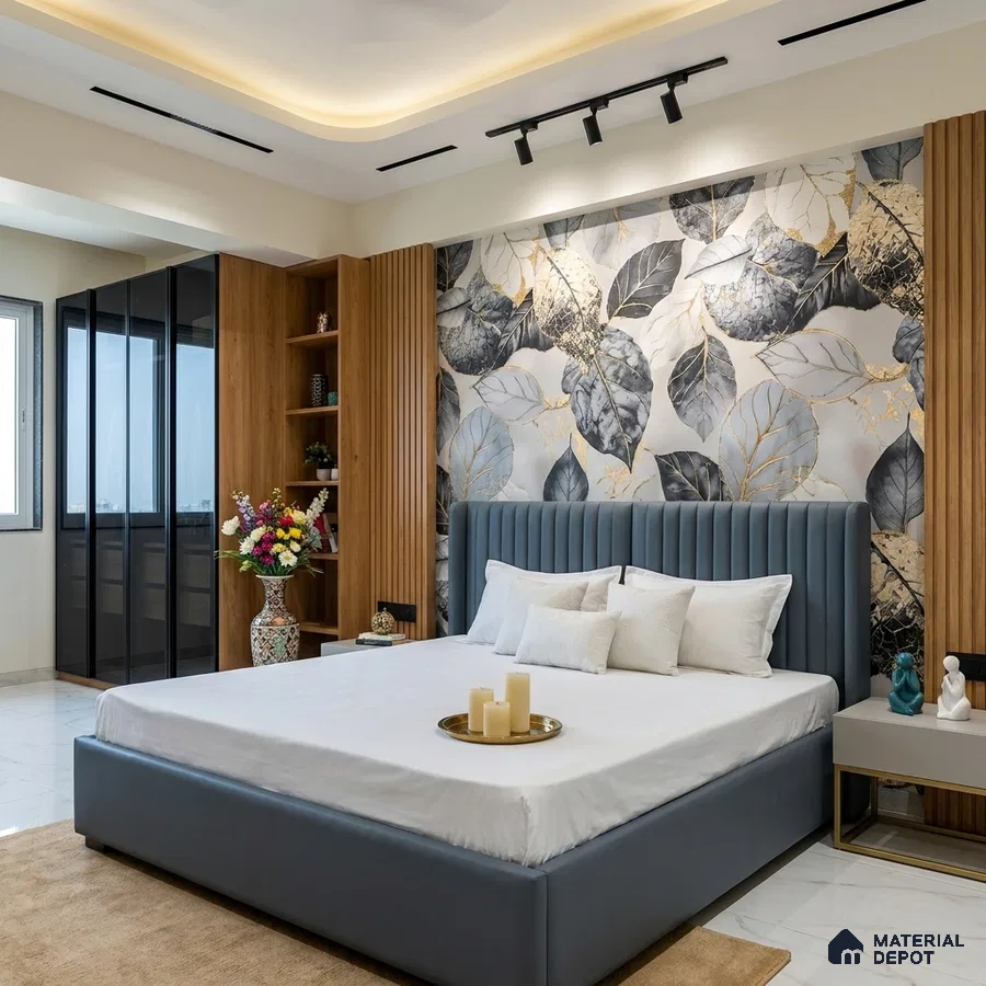 Modern bedroom with botanical wallpaper, fluted wood panels, and suede upholstered bed