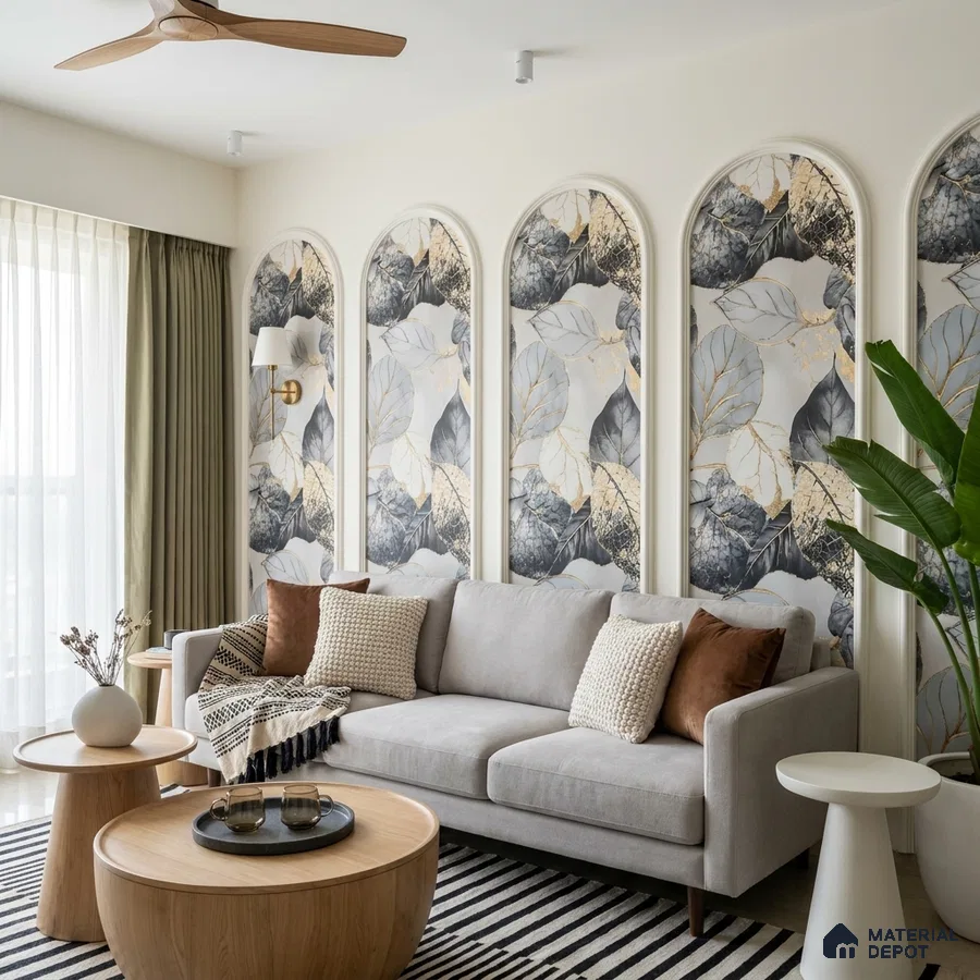 Modern living room with botanical patterned wallpaper and light wood coffee tables