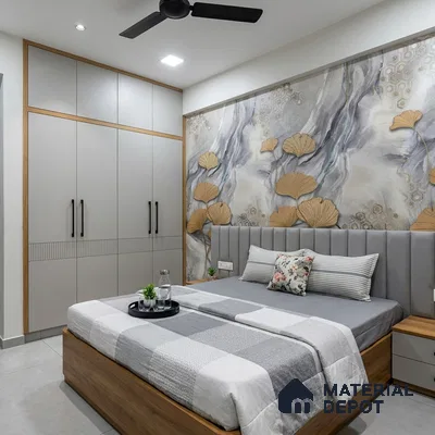 Modern bedroom with grey solid laminate wardrobe, wood edge detail, and abstract floral wallpaper accent wall