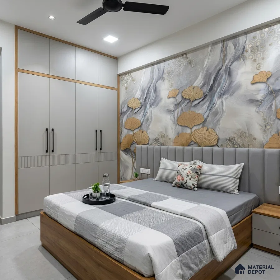 Modern bedroom with grey solid laminate wardrobe, wood edge detail, and abstract floral wallpaper accent wall