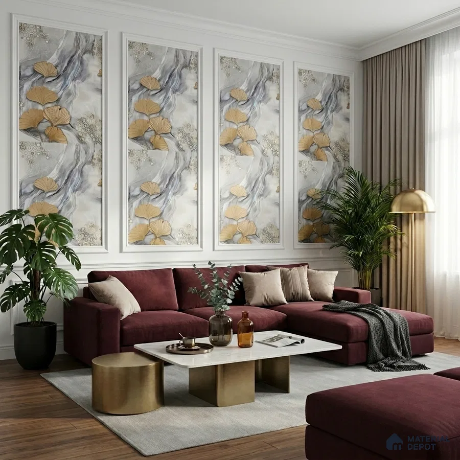 Art Deco living room with gold floral wallpaper panels, burgundy velvet sofa, and marble coffee table