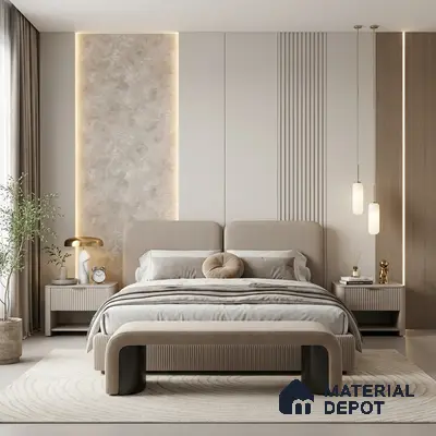 Minimalist bedroom with beige suede upholstered bed, fluted wall panels, and stone accent wall