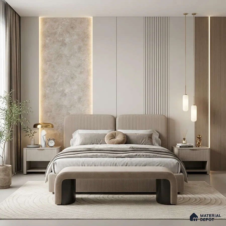 Minimalist bedroom with beige suede upholstered bed, fluted wall panels, and stone accent wall