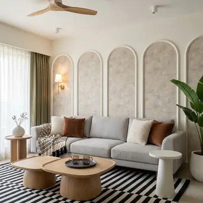 Scandinavian living room with textured beige wall panels and light oak coffee tables