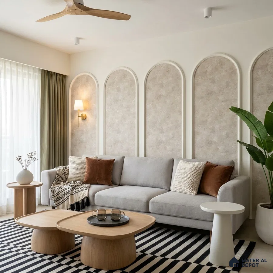 Scandinavian living room with textured beige wall panels and light oak coffee tables
