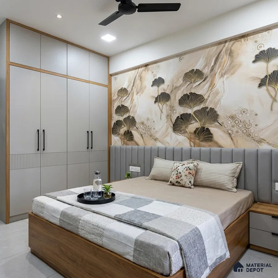 Modern bedroom with beige floral wallpaper, grey upholstered headboard, and light grey wardrobe with wood accents