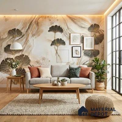 Scandinavian living room with abstract floral wallpaper, light oak wooden flooring, and neutral fabric sofa
