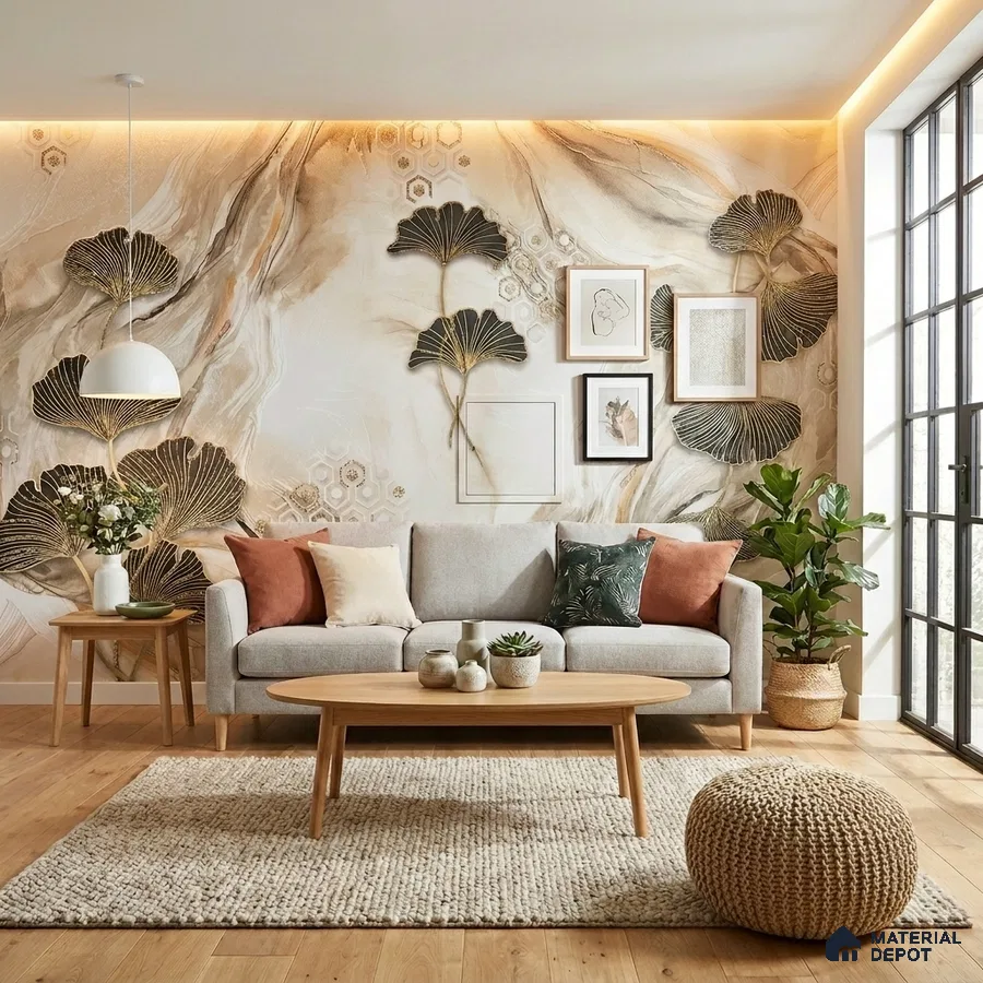 Scandinavian living room with abstract floral wallpaper, light oak wooden flooring, and neutral fabric sofa