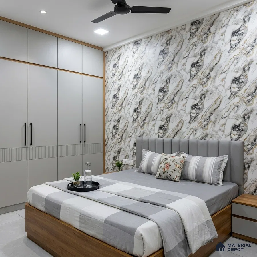 Modern bedroom with marble-look wallpaper, grey solid color wardrobe laminate, and wooden bed frame