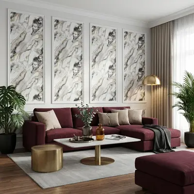 Art Deco living room with marble-effect wall panels, burgundy velvet sofa, and gold accent decor