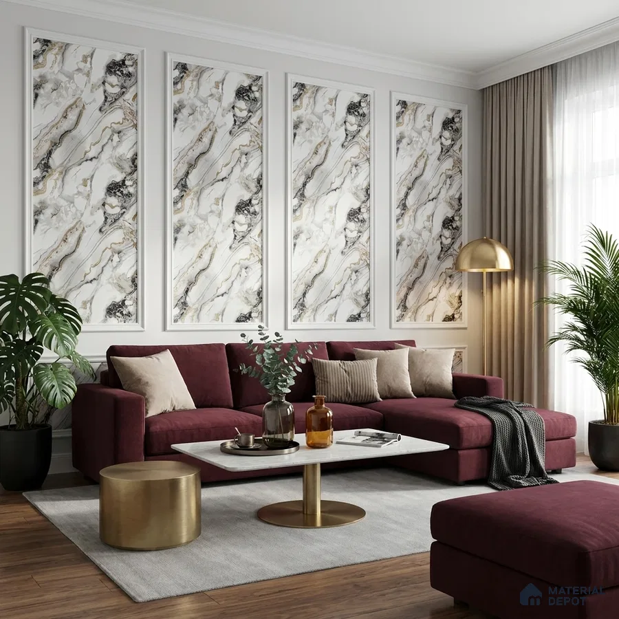 Art Deco living room with marble-effect wall panels, burgundy velvet sofa, and gold accent decor