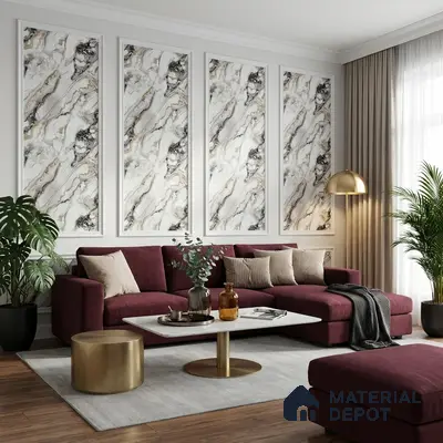 Art Deco living room with marble-effect wall panels, burgundy velvet sofa, and gold accent decor