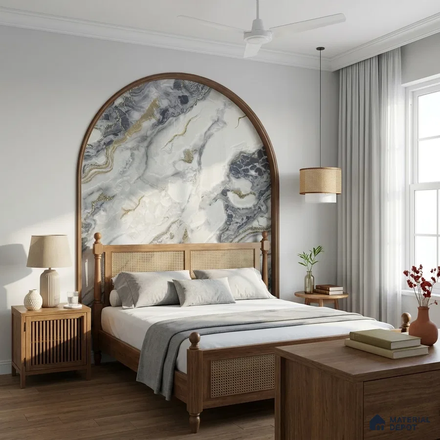 Scandinavian bedroom with marble-look arch accent wall and natural oak wood furniture