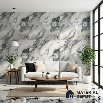 Modern living room with marble-look wall tiles and polished marble floor tiles