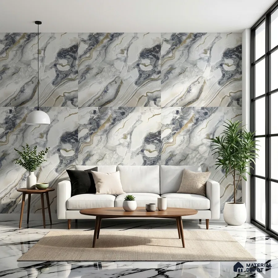 Modern living room with marble-look wall tiles and polished marble floor tiles