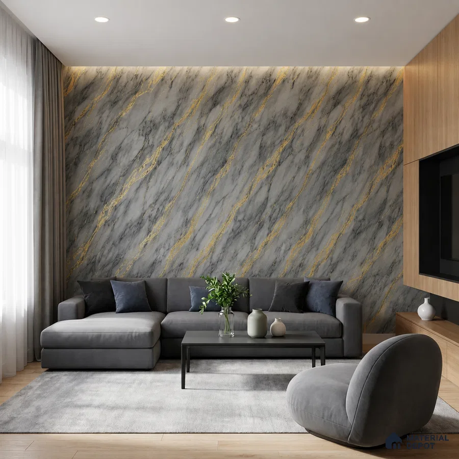 Modern living room with grey and gold vein marble accent wall and light oak wooden flooring