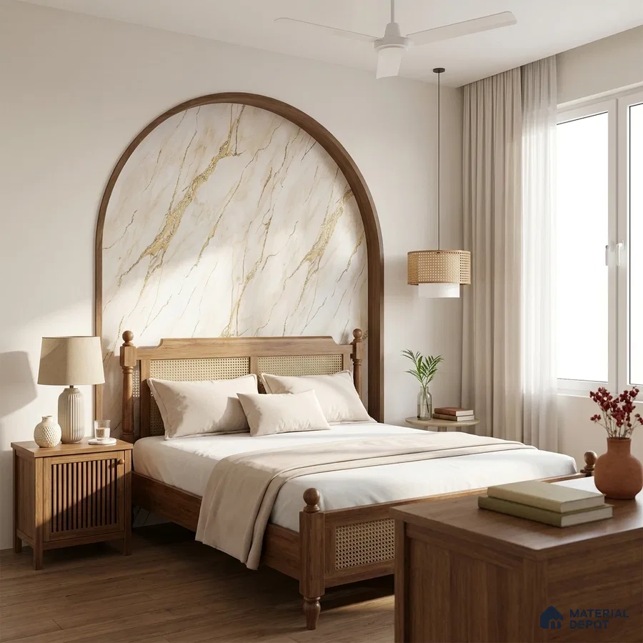 Scandinavian bedroom with natural wood furniture and marble-look accent wall panel